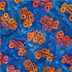 tessuto arancione monster truck batik blu di cotone USA Tessuto di Robert Kaufman