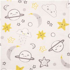 Tela gris algod�n EE. UU. lindas nubes estrellas lunas planetas Tela de Michael Miller