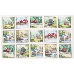 Old Water Mill River Scenery Fabric by Elizabeth's Studio