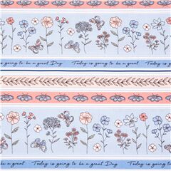 Tela estampada rayas rosa azul algod�n flores mariposas frases Tela de Michael Miller