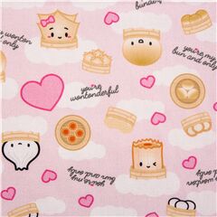 Tela rosa con nubes algod�n comida dimsum vaporera corazones Tela de Michael Miller