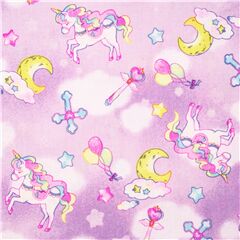 Tela de algod�n de Jap�n rosa con purpurina unicornios nubes estrellas cruces Tela de Japanese Indie
