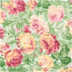tessuto giapponese verdeazzurro chiaro rose rosse gialle foglie verdi fiori Tessuto di Japanese Indie