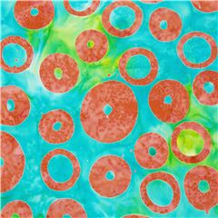 Tela de algod�n estilo batik sarong despintado en verde de anillos donut naranja Tela de Michael Miller