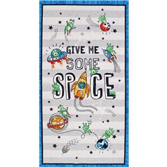 Tela con panel raya gris alien cohete espacial texto Tela de Michael Miller
