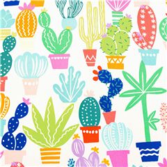 Tela blanca de cactus en macetas colores gracioso pop art Tela de Alexander Henry