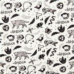 Tela blanca de algod�n con animales estilo ilustraci�n c�mic negra Tela de Dear Stella