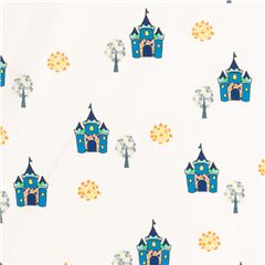 Tela blanca cuento de hadas con castillo azul sol �rbol mosaico d Tela de Michael Miller