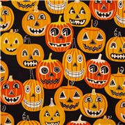 tela Halloween naranja calabazas algod&oacute;n negro