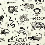Tela blanca con dibujo negro de alfabeto de animales en ingl&eacute;s