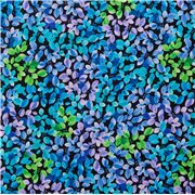 Tela floral negra de hojas azules y verdes
