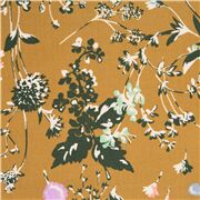 Tela de viyela de algod&oacute;n marr&oacute;n con flores silvestres y hojas de Jap&oacute;n
