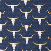 Tela azul oscuro calavera de animal res bisonte algod&oacute;n lejano Oeste