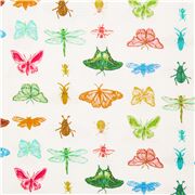 tela mariposas en algod&oacute;n blanco con insectos hileras de colores