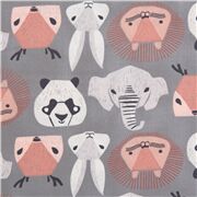 tela de franela gris cabezas de animales elefante le&oacute;n panda