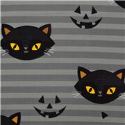 Tela a rayas gris de Halloween USA con gatos negros calabazas