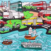 Tela con transportes de Hong Kong estilo c&oacute;mic dibujos de colores