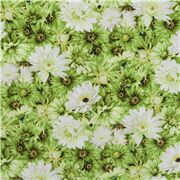 Tela camisera algod&oacute;n japonesa con flor crisantemo margarita verde