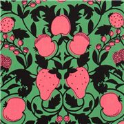 Tela oxford de Jap&oacute;n verde oscuro ornamentos negro rosa fruta baya
