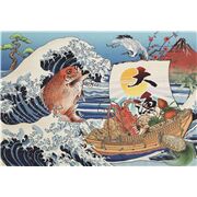 Tela algod&oacute;n japonesa panel tradicional mar olas azules pescado