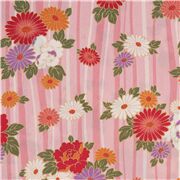 tela japonesa kimono crep&eacute; con raya rosa flores rojas