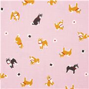 Tela oxford rosa claro con perros shiba inu y bolas de arroz