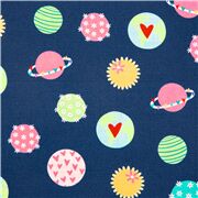 Tissu en coton bleu marine, espace, plan&egrave;tes multicolores