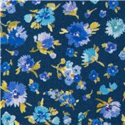 tela de algod&oacute;n azul marino de flores con hojas amarillas