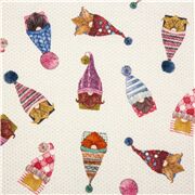 tela algod&oacute;n blanco gnomos de colores gorros de lana con pomp&oacute;n