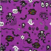 Tela p&uacute;rpura de Halloween gato negro calavera fantasma calabaza