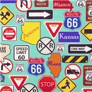 tela turquesa se&ntilde;ales viaje carretera ruta 66 algod&oacute;n EE. UU.
