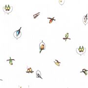 Tissu en coton blanc avec des animaux et des perruches arc-en-ciel coupon