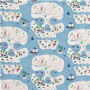 Tela azul isla calavera mapa infantil algod&oacute;n