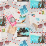 tela retro gris con cartas fotos desordenadas vacaciones tropicales