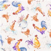 Tela blanca malla de gallinero y gallos de colores