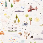 Tela con mapa aventuras algod&oacute;n blanco naturaleza iconos