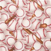 Tela deporte competici&oacute;n b&eacute;isbol pelotas y bates blanco rojo marr&oacute;n