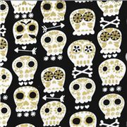 Tela negra con calaveras y adornos dorados met&aacute;licos
