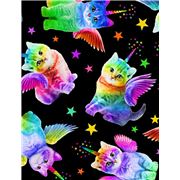Tela negra con gatos unicornio alados con colores arcoiris de Timeless Treasures