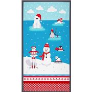 Tela panel rojo azul gris mu&ntilde;eco de nieve animal Polar Pals