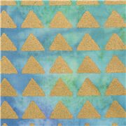 Tela sarong batik azul verde algod&oacute;n deste&ntilde;ido tri&aacute;ngulos dorados metalizados