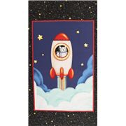Tela panel azul estrellas purpurina cohete rojo