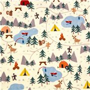 Tissu en coton cr&egrave;me avec des campings, des tentes, des p&ecirc;cheurs