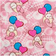 Tela con gatos en pl&aacute;tanos con globos y corazones Bananya en rosa Retazo