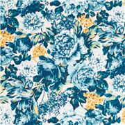Tela crema de flores en azul amarillo rosa dalia lila tulip&aacute;n