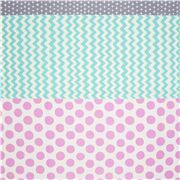 Tela franjas oxford algod&oacute;n crema lunares rosas zig zag azul