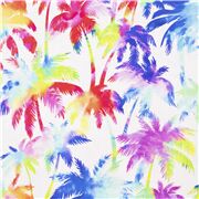 Tela palmeras de colores superpuestas algod&oacute;n blanco