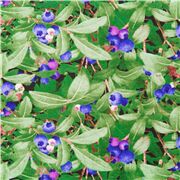 Tela de fruta silvestre fresca matas ar&aacute;ndano bayas azules hojas verdes algod&oacute;n
