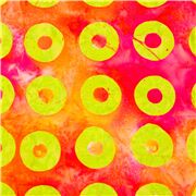 Tela de algod&oacute;n batik sarong naranja y rosa c&iacute;rculos verdes estilo deste&ntilde;ido