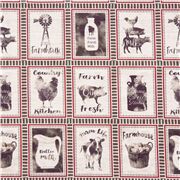 tela algod&oacute;n crudo recuadros animales de granja envases cestas